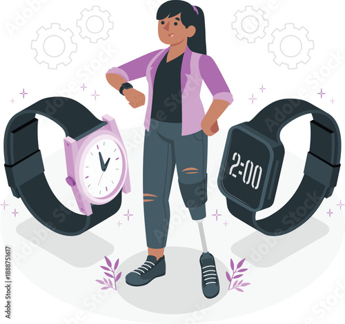 A young woman with a prosthetic leg confidently posing with modern smartwatches in a minimalist illustration style