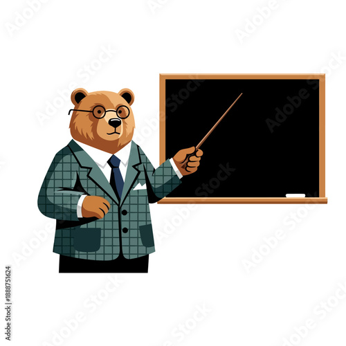 Cartoon Bear Teacher Standing Near Blackboard.