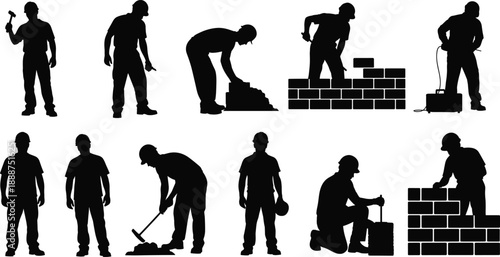 Vector illustration of construction worker silhouettes performing various tasks with tools, building, labor, teamwork, industrial design for creative project use