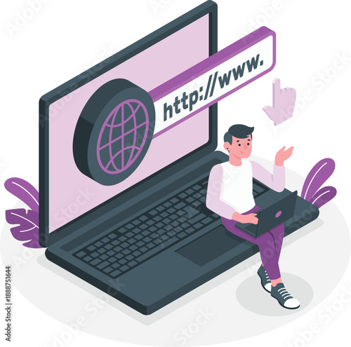 Man sitting on laptop with URL on screen, interacting with digital content in modern workspace environment