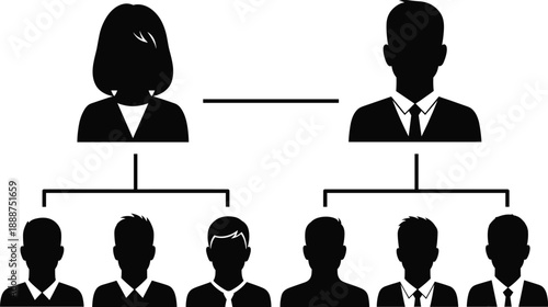 Vector illustration of family tree chart with parents and children silhouettes, organizational hierarchy design for genealogy, education, business, and creative projects