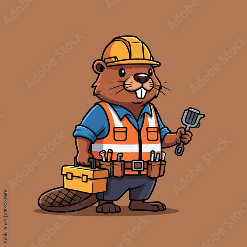 Cartoon Beaver Builder Wearing Hard Hat and Vest.