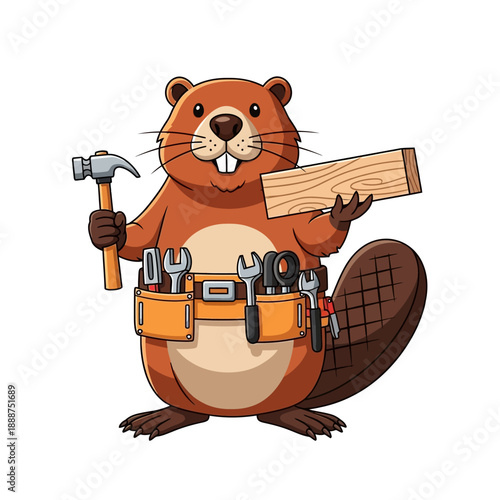 Cartoon Beaver Carpenter with Tools and Timber.