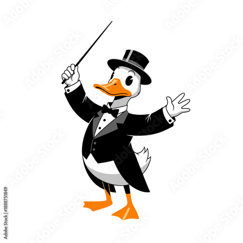 Cartoon Duck Conductor Wearing Suit Hat.
