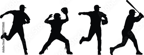 Vector illustration of four baseball players silhouettes in action poses, pitcher, catcher, batter, dynamic sports design for athletic, creative projects