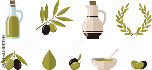 Set of Olive Oil Bottles and Fresh Olive Branch Icons, Flat Vector Green and Black Olives for Mediterranean Food Branding