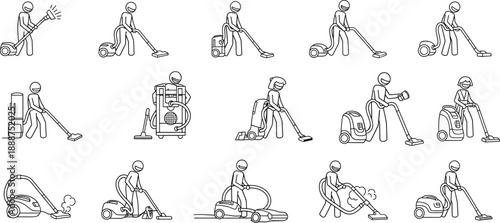 Vector illustration of people using different vacuum cleaners, cleaning equipment, household appliances, black and white line icons for hygiene concept