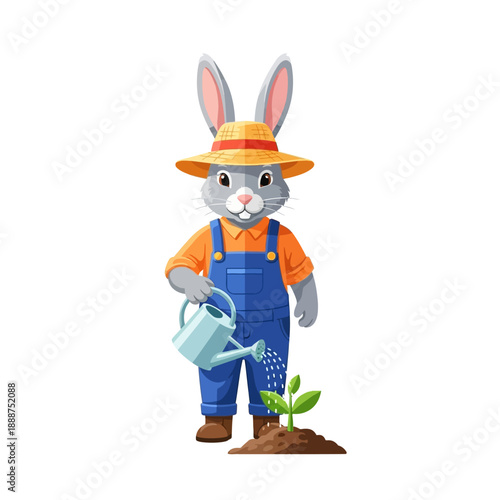 Cartoon Rabbit Gardener Watering Small Plant.
