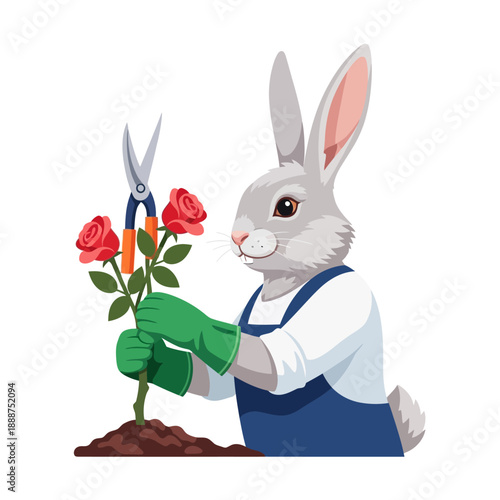 Cartoon rabbit pruning roses with scissors.