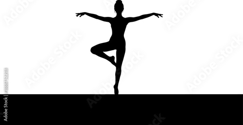 Silhouette of a female gymnast balancing on one leg on a beam isolated on white background for sports fitness concept