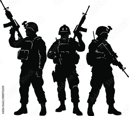 Vector illustration of three armed soldiers silhouettes in military gear with rifles, tactical combat design for defense, security, and creative projects