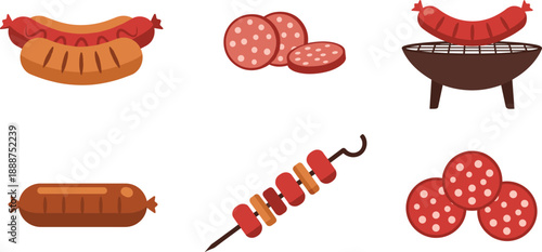 Set of Sausage and Grilled Meat Icons, Flat Vector Salami Slices Hot Dog and BBQ Skewer for Butcher Shop and Grill Branding