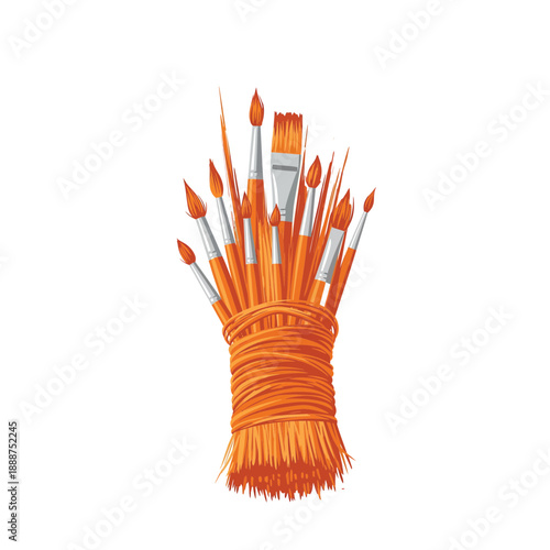 Bunch of Orange Paint Brushes Tied Together on White Background artist painting