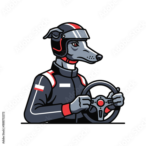 Dog Wearing Racing Suit and Helmet.