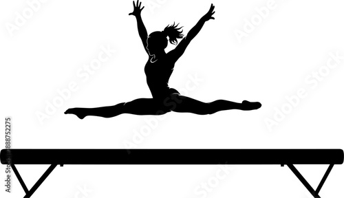 Silhouette of a female gymnast performing a split jump on a balance beam isolated on white background for sports concept