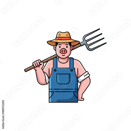 Farmer Holding Pitchfork Cartoon Illustration.
