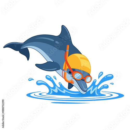 Dolphin Wearing Goggles and Swimming Cap.