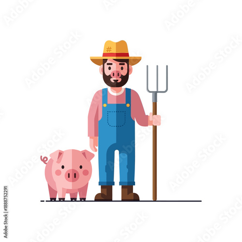 Farmer with Pig and Pitchfork Standing.
