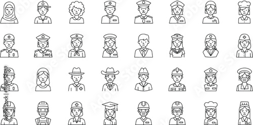 Professional people line icons set with workers employees occupations uniforms avatars and career role symbols
