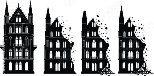 Vector illustration sequence showing Gothic architecture building progressively collapsing with debris, destruction stages, ruins, decay, damaged structure, historical architecture loss