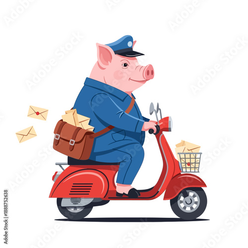 Pig postal worker riding red scooter fast.