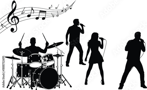 Vector silhouette illustration of live music band with drummer, vocalists, treble clef, musical notes, performance energy, concert stage entertainment