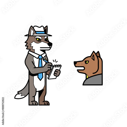 Wolf in Suit Holding Clipboard Inspecting Dog.