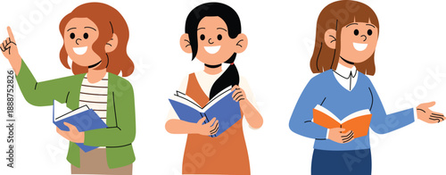 group of young woman holding book and read out loud, female teacher teaching and pointing hand, school teacher character teaching gesture illustration