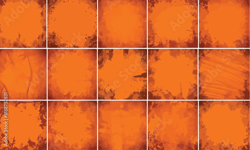 Fifteen abstract orange and brown textured panels with white borders
