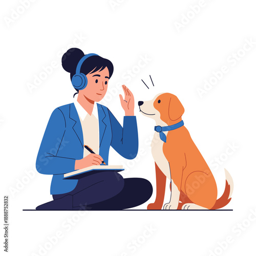 Woman with Headphones and Dog Sitting Together.