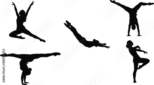 Vector silhouettes of gymnastic and dance poses showing strength, flexibility, balance, artistic movement, fitness lifestyle design for creative projects.