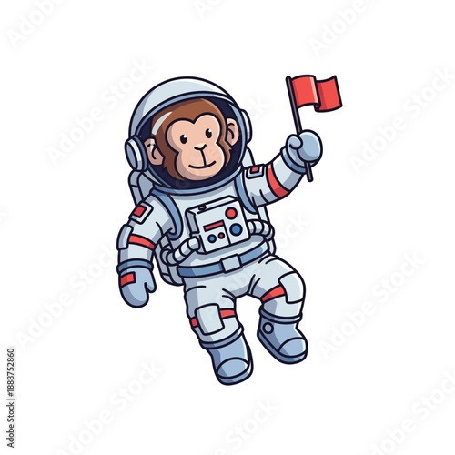 Astronaut Monkey in Space Suit Holding Flag.