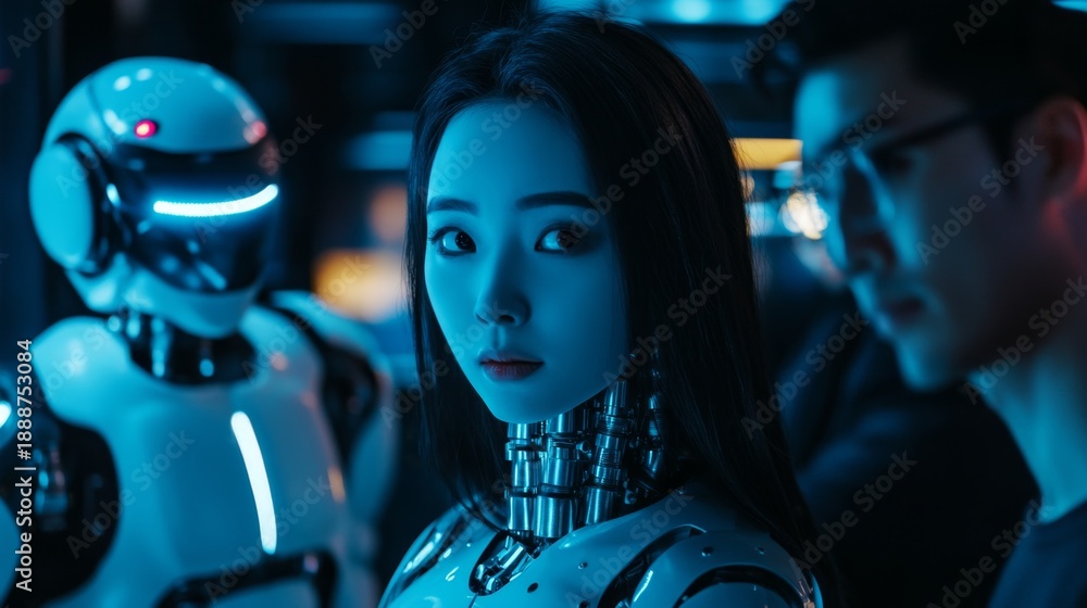 Obraz premium A captivating scene of technology blending seamlessly with humanity. This image showcases the future of robotics and artificial intelligence in a stunning setting. Generative AI
