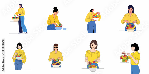Eight minimalist illustrations of women holding or preparing bowls of fresh, colorful fruits, symbolizing healthy eating and nutrition.