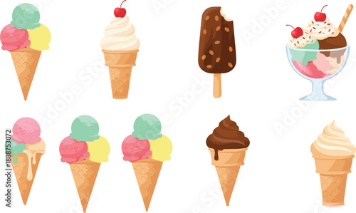 Set of Sweet Ice Cream Cones and Sundae Illustrations, Flat Vector Summer Dessert Icons with Chocolate and Vanilla Flavors