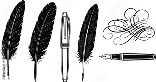Vintage and modern writing tools vector set with quill, fountain pen, feather, flourish, and calligraphy elements for design use