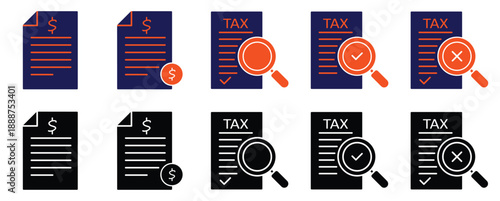 Tax File Management Icons Set – Audit, Approval, Rejection and Financial Document Symbols
