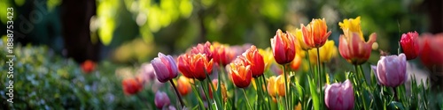 Vibrant spring tulips blooming in sunlit garden with lush greenery