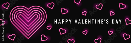 Dark banner with pink neon hearts and Happy Valentine's Day text. Graphic design for greeting social media posts or website, decoration for holiday, party, event. Hand drawn vector illustration.