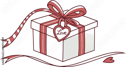 Hand-Drawn Romantic Gift Box with Heart Tag and Pink Ribbon Illustration