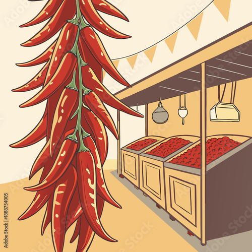 Bright Red Chili Peppers Hanging at Market Stall