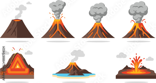 Set of Volcano Eruption Icons, Flat Vector Illustrations of Magma Lava Smoke and Mountain Cross Section for Science Design