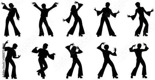 Retro Dance Silhouette Icons: Flared Pants, Dynamic Poses, Disco Era, Expressive Gestures, 1970s Style, Black and White, Minimalist Line Art, Rhythm and Movement
