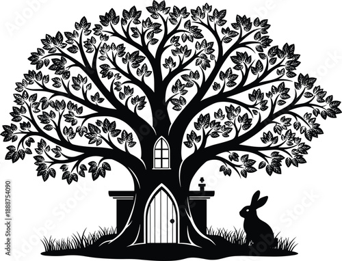 Whimsical treehouse silhouette with rabbit, fantasy forest dwelling, magical tree home, black and white vector illustration for storytelling themes