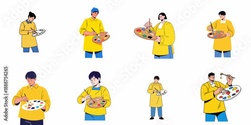 Diverse set of artists mixing paint on palettes, demonstrating creativity and the artistic process.