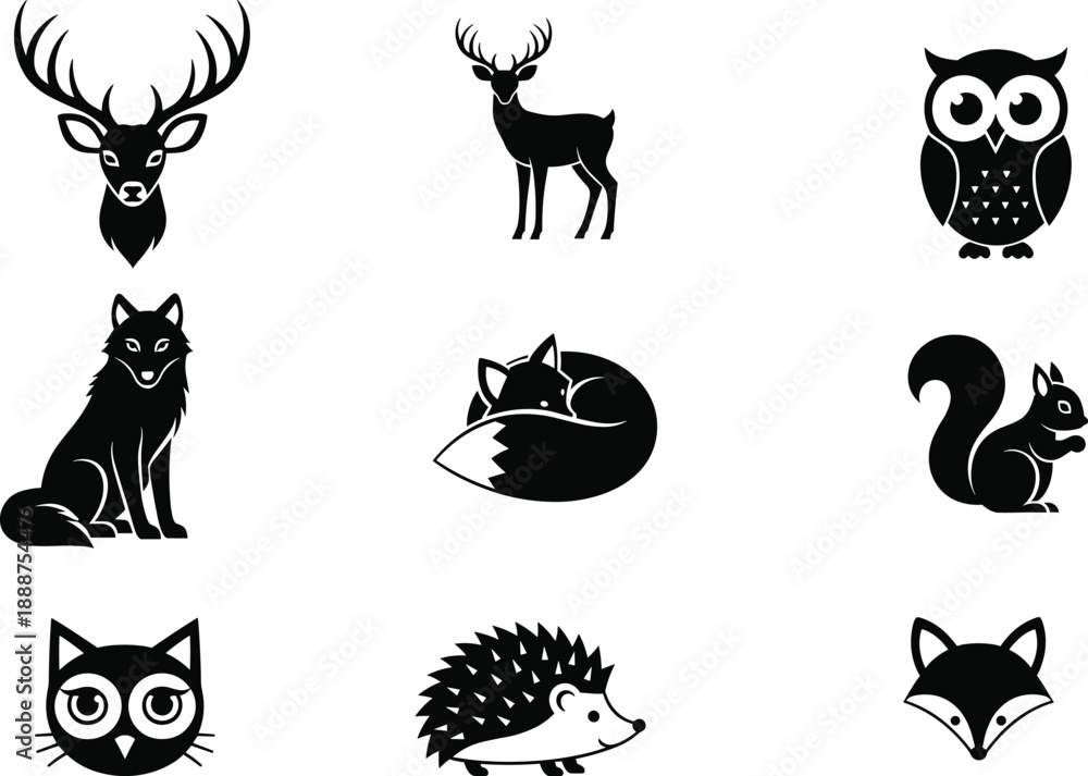 Obraz premium Woodland animal vector illustration set with deer, owl, fox, wolf, squirrel, cat, hedgehog designs for nature artwork