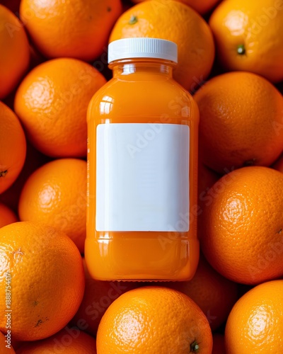 A bottle of orange juice lies on top of oranges. An advertisement for freshly squeezed juice.