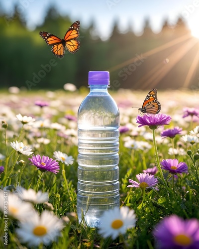 
A bottle of water in a flowering field. Natural drinking water. Drinking water sources. High-quality water. Recyclable plastic.