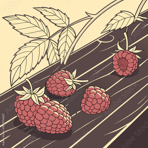 Fresh Raspberries With Leaves And Branch