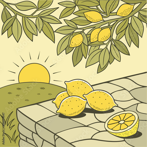 Golden lemons on a patterned surface with a sunrise backdrop